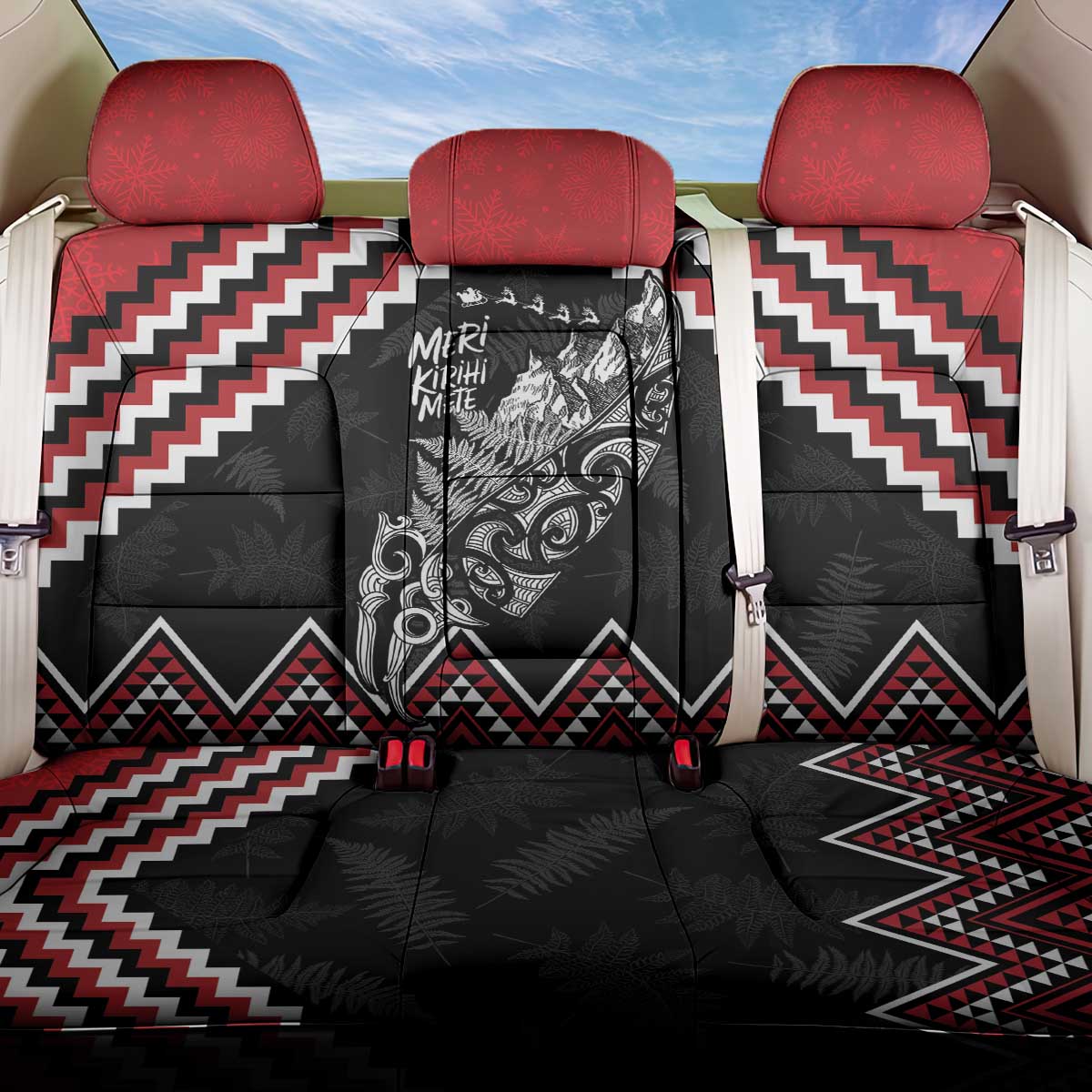 New Zealand Christmas Taniko Poutama Back Car Seat Cover Mountainscape Maori Fern LT7 One Size Black - Polynesian Pride