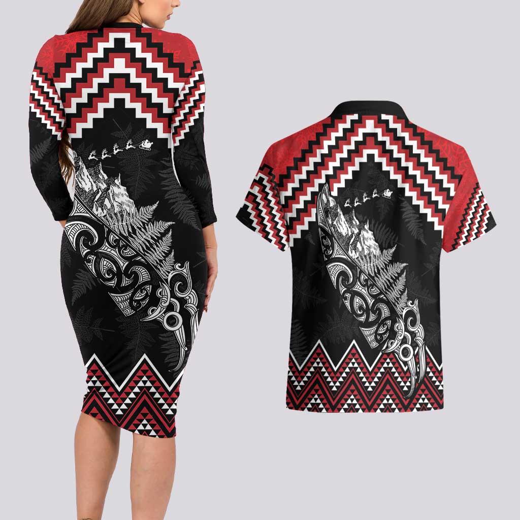 New Zealand Christmas Taniko Poutama Couples Matching Long Sleeve Bodycon Dress and Hawaiian Shirt Mountainscape Maori Fern LT7 - Polynesian Pride