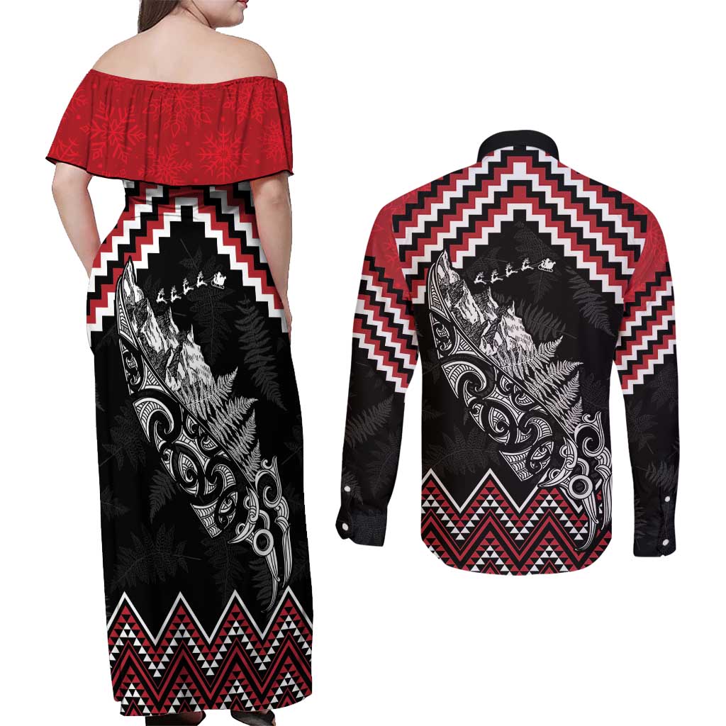New Zealand Christmas Taniko Poutama Couples Matching Off Shoulder Maxi Dress and Long Sleeve Button Shirt Mountainscape Maori Fern LT7 - Polynesian Pride