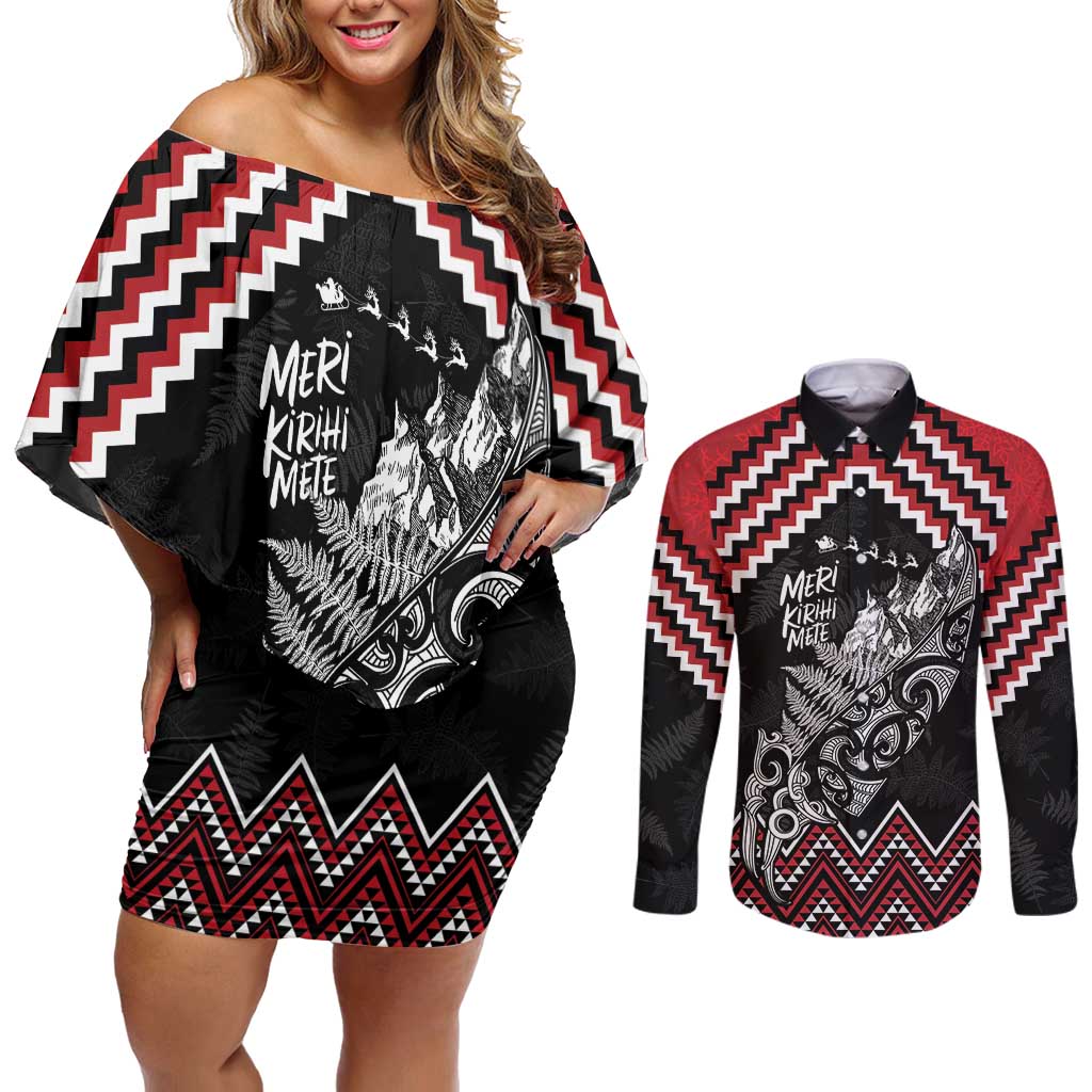 New Zealand Christmas Taniko Poutama Couples Matching Off Shoulder Short Dress and Long Sleeve Button Shirt Mountainscape Maori Fern LT7 Black - Polynesian Pride