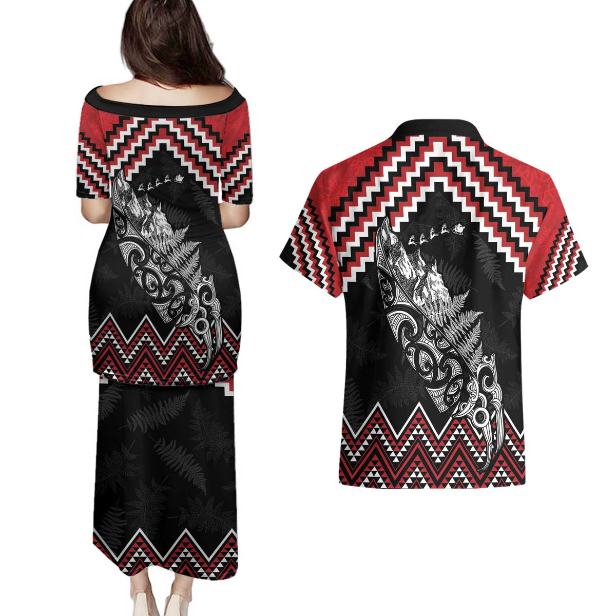 New Zealand Christmas Taniko Poutama Couples Matching Puletasi and Hawaiian Shirt Mountainscape Maori Fern LT7 - Polynesian Pride