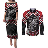 New Zealand Christmas Taniko Poutama Couples Matching Puletasi and Long Sleeve Button Shirt Mountainscape Maori Fern LT7 Black - Polynesian Pride