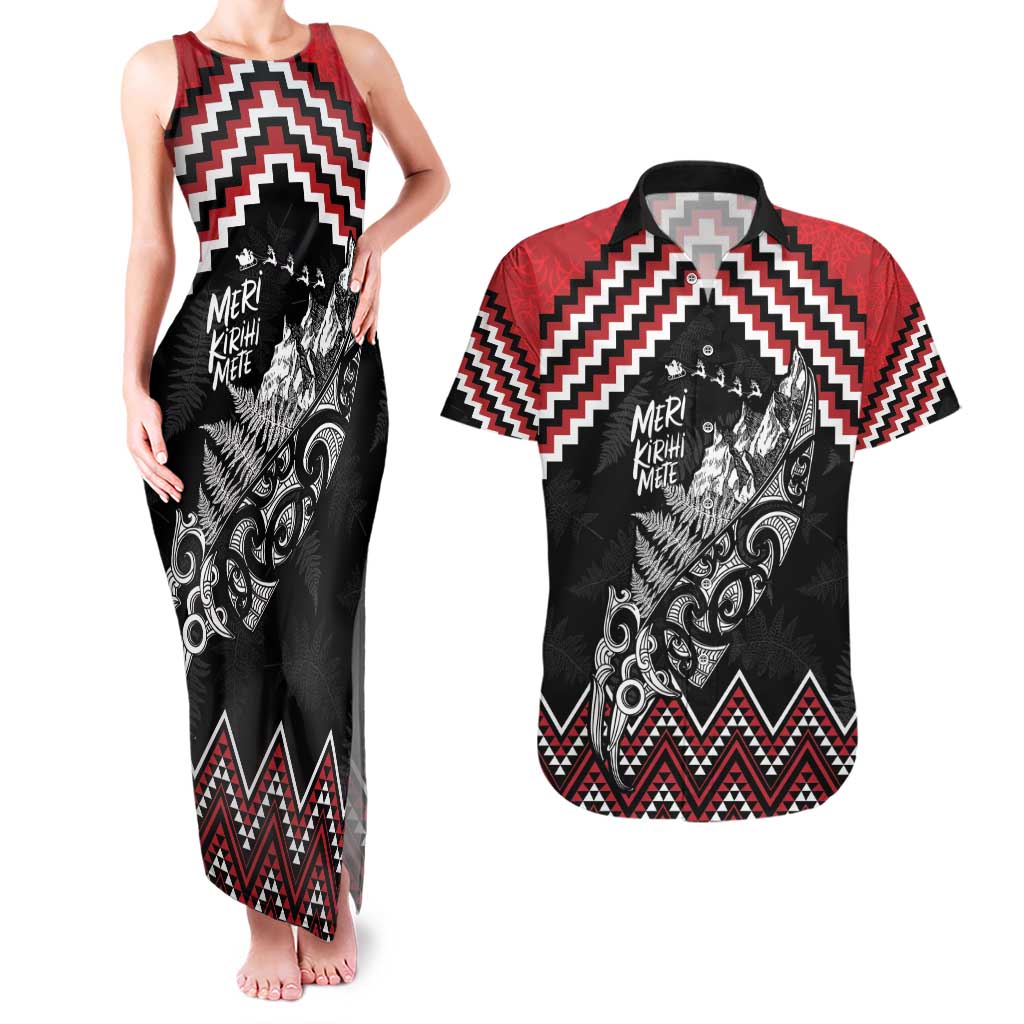 New Zealand Christmas Taniko Poutama Couples Matching Tank Maxi Dress and Hawaiian Shirt Mountainscape Maori Fern LT7 Black - Polynesian Pride