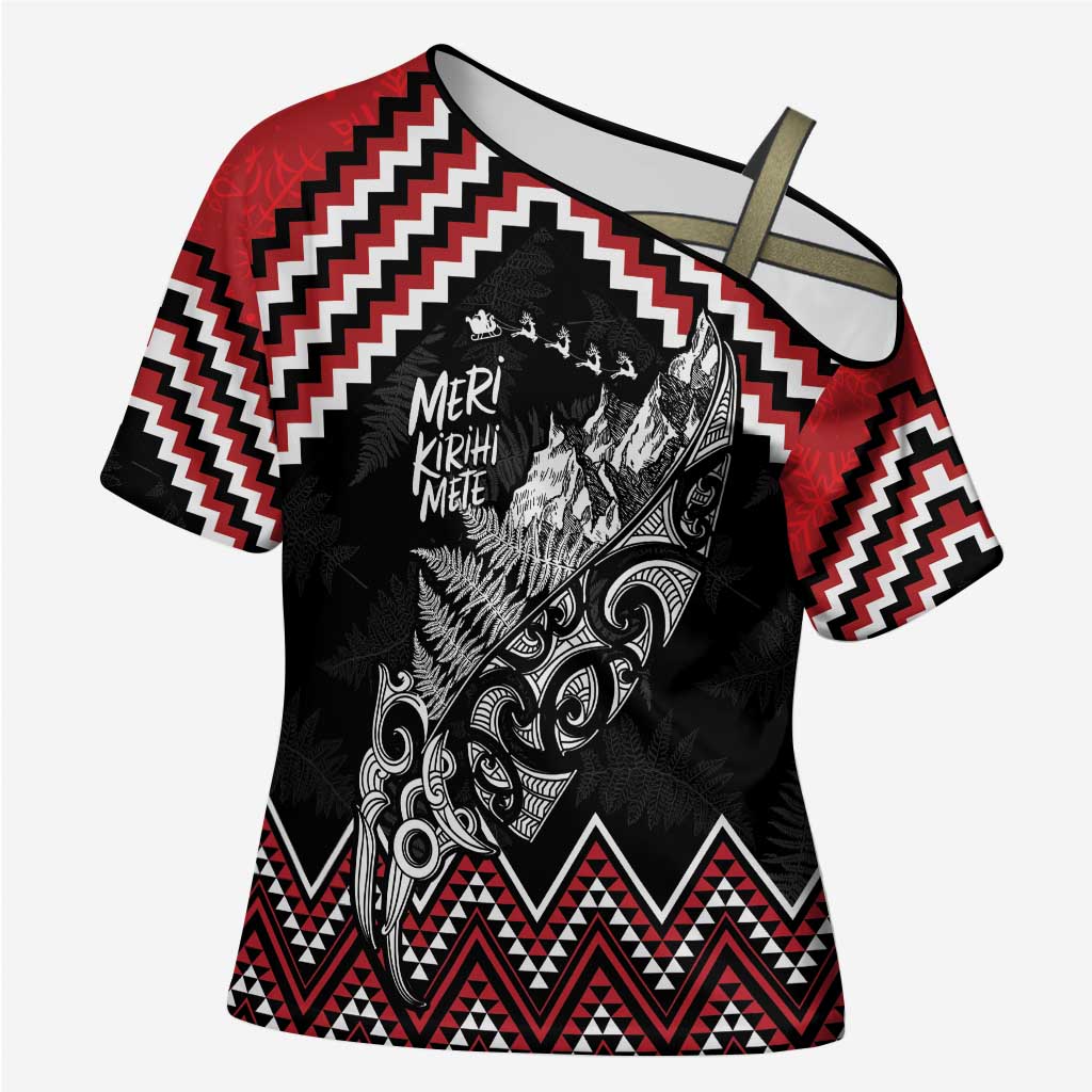 New Zealand Christmas Taniko Poutama Cross Shoulder Shirt Mountainscape Maori Fern LT7 Female Black - Polynesian Pride