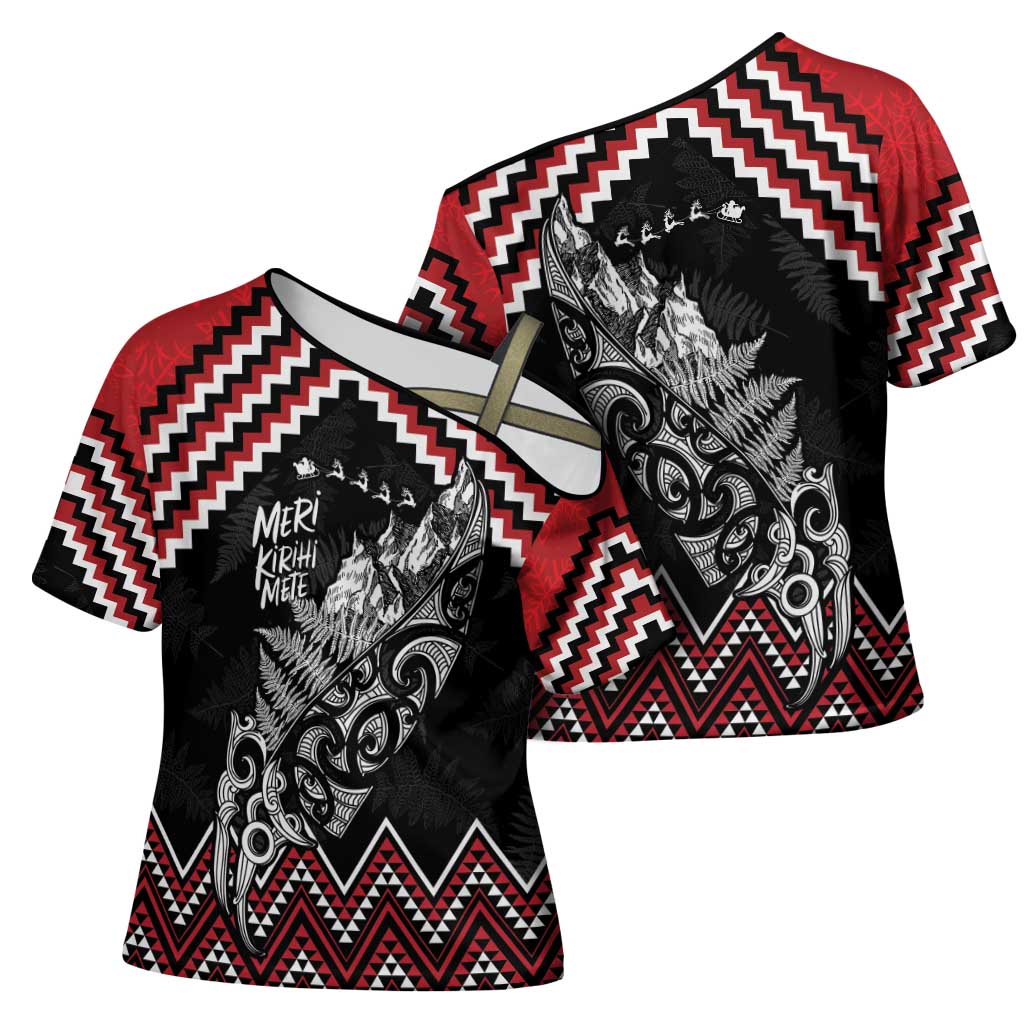 New Zealand Christmas Taniko Poutama Cross Shoulder Shirt Mountainscape Maori Fern LT7 - Polynesian Pride