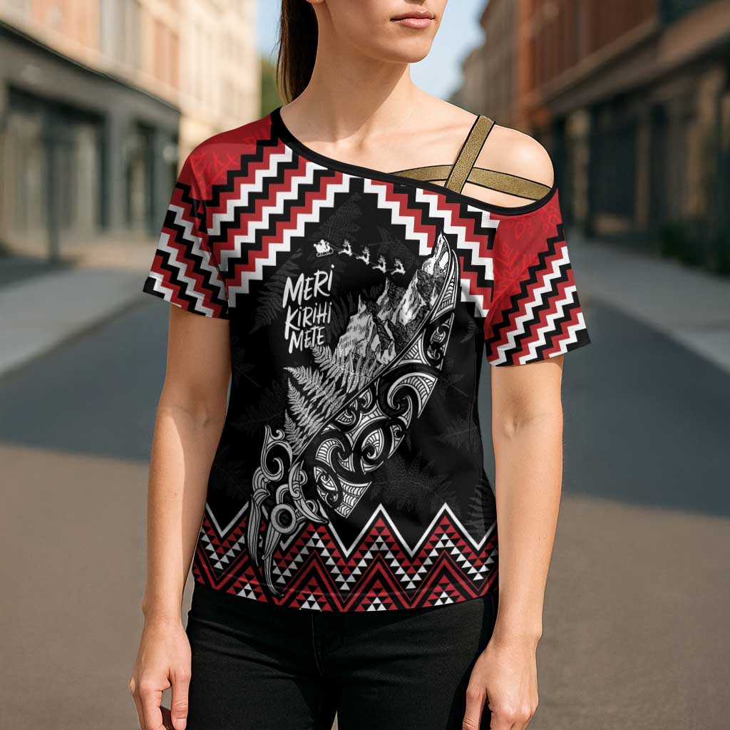 New Zealand Christmas Taniko Poutama Cross Shoulder Shirt Mountainscape Maori Fern LT7 - Polynesian Pride