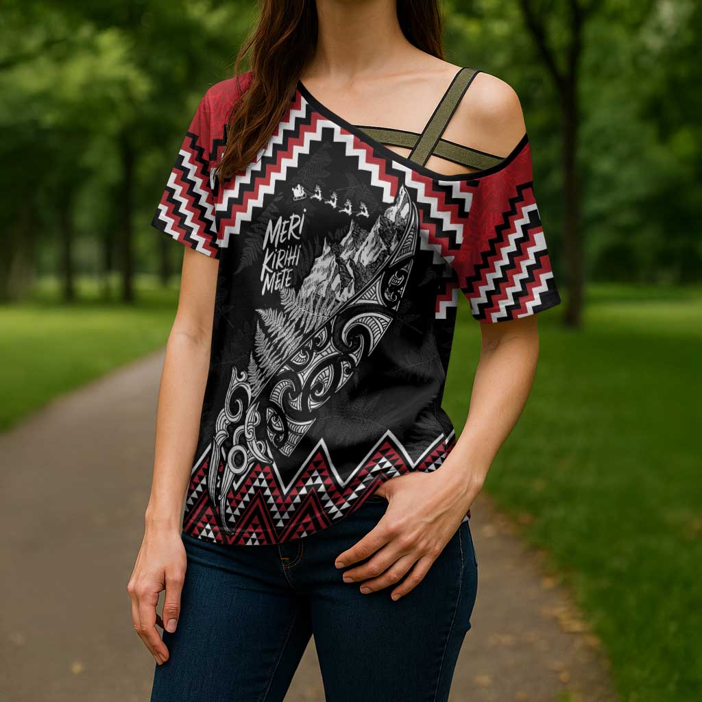 New Zealand Christmas Taniko Poutama Cross Shoulder Shirt Mountainscape Maori Fern LT7 - Polynesian Pride