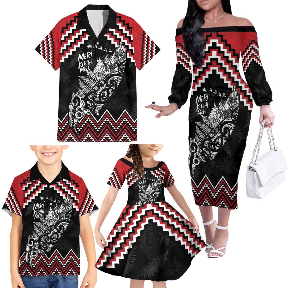 New Zealand Christmas Taniko Poutama Family Matching Off The Shoulder Long Sleeve Dress and Hawaiian Shirt Mountainscape Maori Fern LT7 - Polynesian Pride