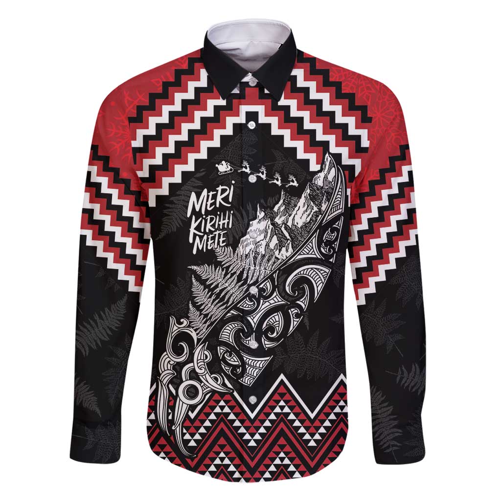 New Zealand Christmas Taniko Poutama Family Matching Off Shoulder Maxi Dress and Hawaiian Shirt Mountainscape Maori Fern LT7 Dad's Shirt - Long Sleeve Black - Polynesian Pride