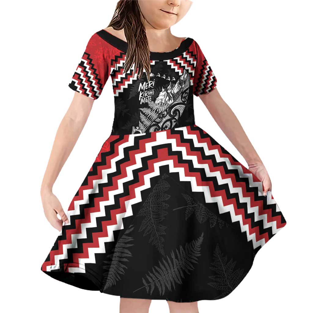 New Zealand Christmas Taniko Poutama Family Matching Off Shoulder Short Dress and Hawaiian Shirt Mountainscape Maori Fern LT7 Daughter's Dress Black - Polynesian Pride