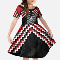 New Zealand Christmas Taniko Poutama Family Matching Puletasi and Hawaiian Shirt Mountainscape Maori Fern LT7 Daughter's Dress Black - Polynesian Pride