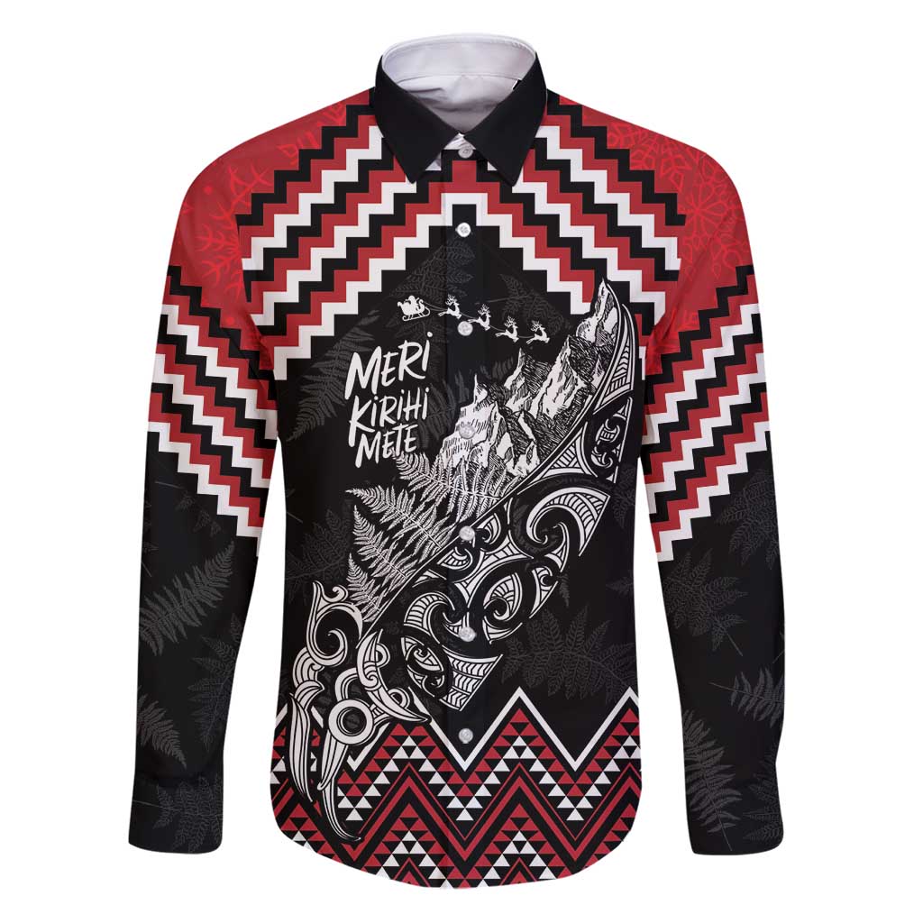 New Zealand Christmas Taniko Poutama Family Matching Puletasi and Hawaiian Shirt Mountainscape Maori Fern LT7 Dad's Shirt - Long Sleeve Black - Polynesian Pride