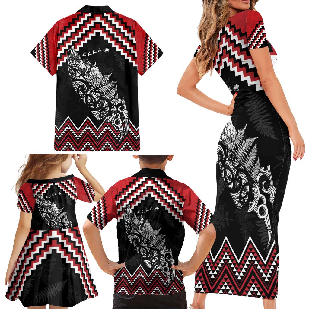 New Zealand Christmas Taniko Poutama Family Matching Short Sleeve Bodycon Dress and Hawaiian Shirt Mountainscape Maori Fern LT7 - Polynesian Pride