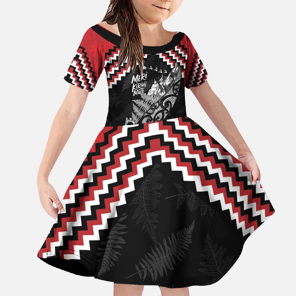 New Zealand Christmas Taniko Poutama Family Matching Tank Maxi Dress and Hawaiian Shirt Mountainscape Maori Fern LT7 Daughter's Dress Black - Polynesian Pride