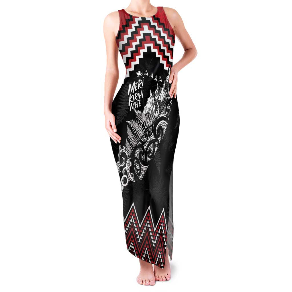 New Zealand Christmas Taniko Poutama Family Matching Tank Maxi Dress and Hawaiian Shirt Mountainscape Maori Fern LT7 Mom's Dress Black - Polynesian Pride