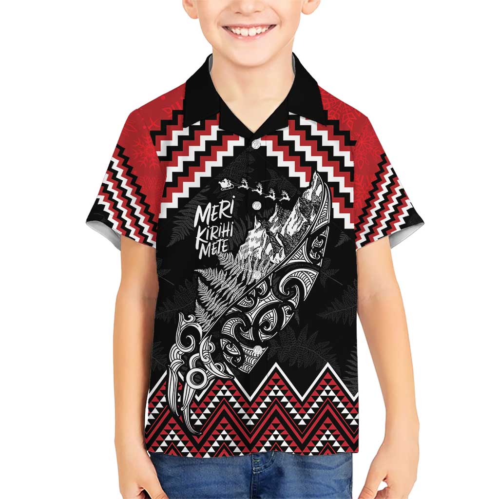 New Zealand Christmas Taniko Poutama Kid Hawaiian Shirt Mountainscape Maori Fern LT7 Kid Black - Polynesian Pride