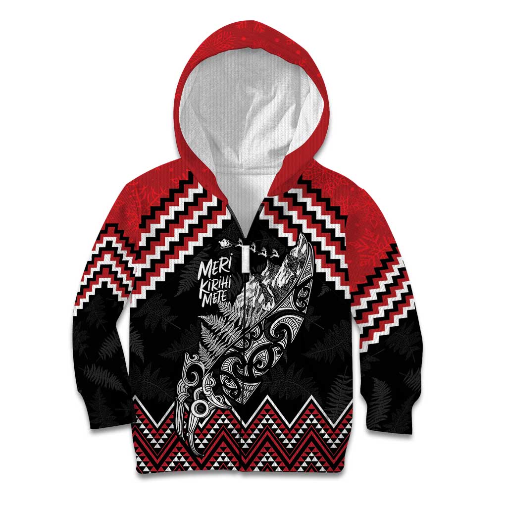 New Zealand Christmas Taniko Poutama Kid Hoodie Mountainscape Maori Fern LT7 Zip Hoodie Black - Polynesian Pride