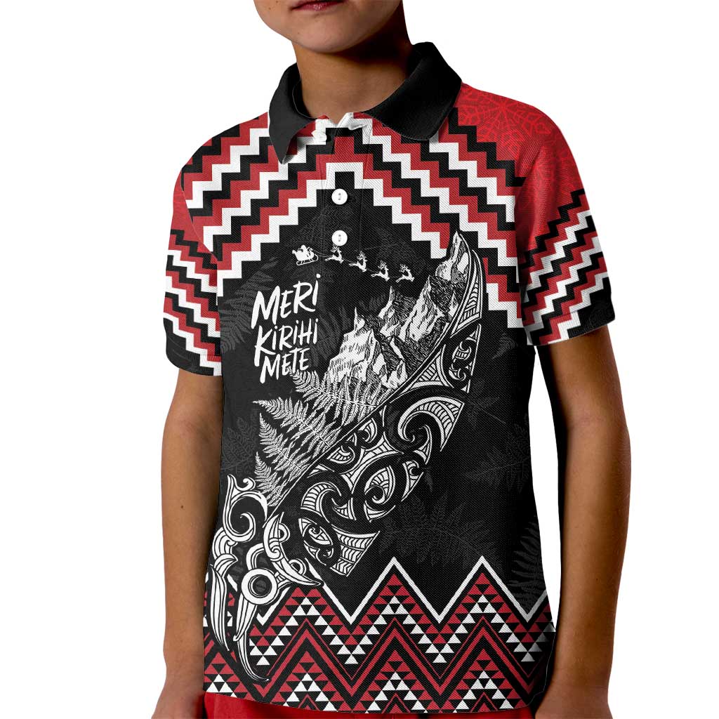 New Zealand Christmas Taniko Poutama Kid Polo Shirt Mountainscape Maori Fern LT7 Kid Black - Polynesian Pride