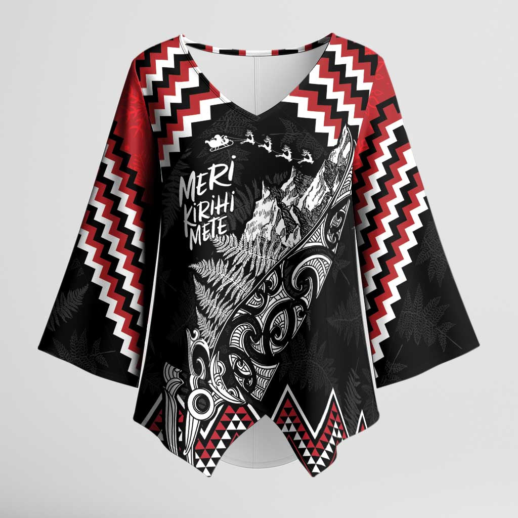 New Zealand Christmas Taniko Poutama Kimono Sleeve Blouse Mountainscape Maori Fern LT7 Female Black - Polynesian Pride