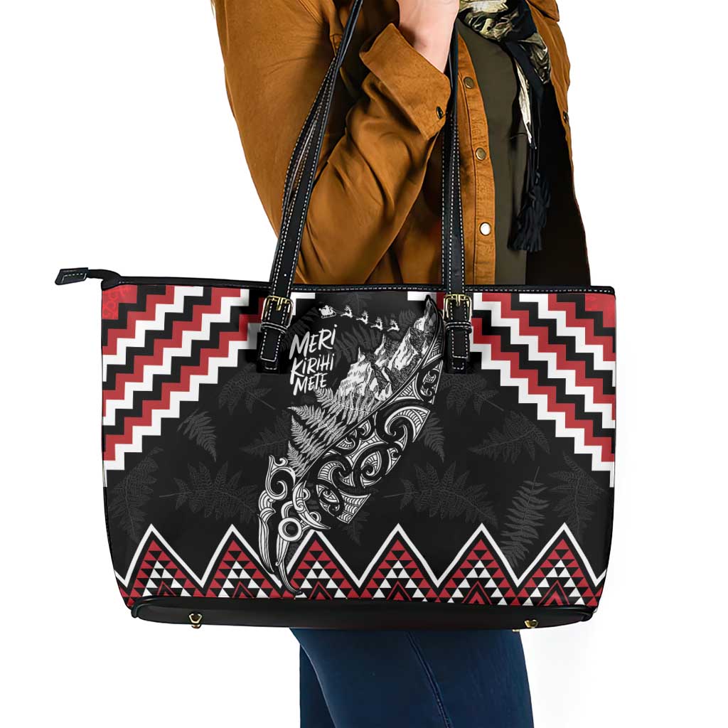 New Zealand Christmas Taniko Poutama Leather Tote Bag Mountainscape Maori Fern LT7 - Polynesian Pride