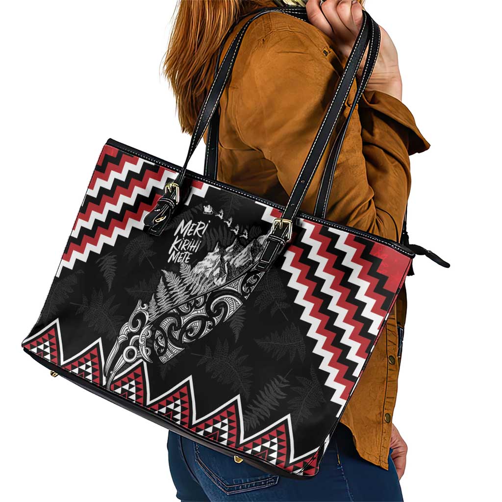 New Zealand Christmas Taniko Poutama Leather Tote Bag Mountainscape Maori Fern LT7 - Polynesian Pride