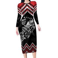 New Zealand Christmas Taniko Poutama Long Sleeve Bodycon Dress Mountainscape Maori Fern LT7 Long Dress Black - Polynesian Pride