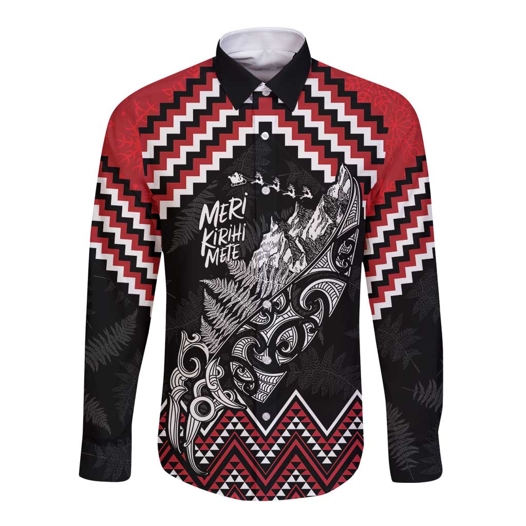 New Zealand Christmas Taniko Poutama Long Sleeve Button Shirt Mountainscape Maori Fern LT7 Unisex Black - Polynesian Pride