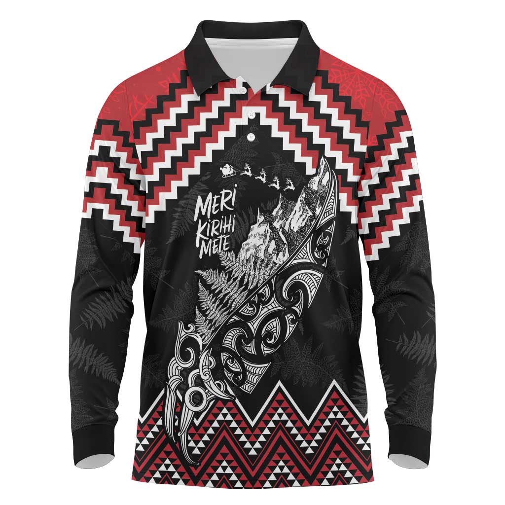 New Zealand Christmas Taniko Poutama Long Sleeve Polo Shirt Mountainscape Maori Fern LT7 Black - Polynesian Pride