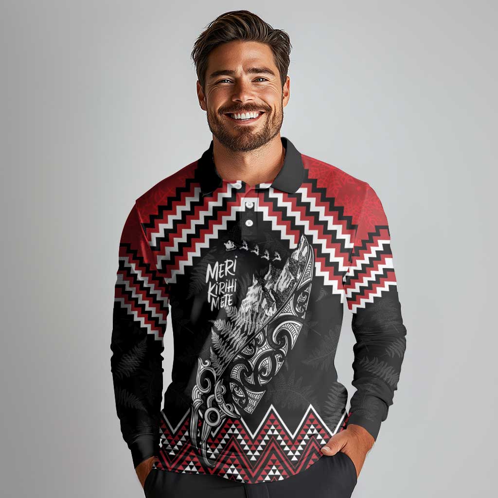 New Zealand Christmas Taniko Poutama Long Sleeve Polo Shirt Mountainscape Maori Fern LT7 - Polynesian Pride