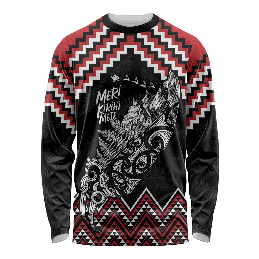 New Zealand Christmas Taniko Poutama Long Sleeve Shirt Mountainscape Maori Fern LT7 Unisex Black - Polynesian Pride