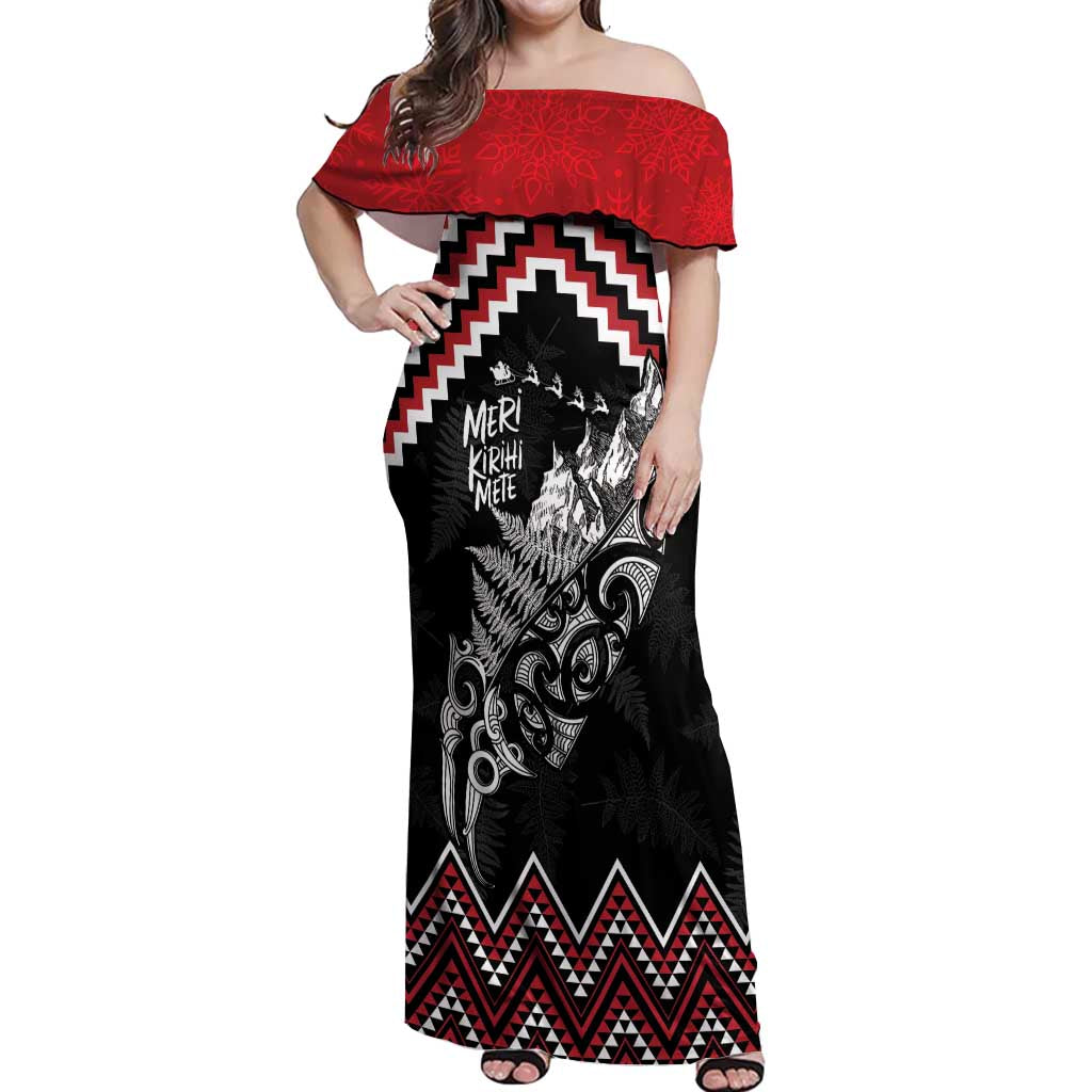 New Zealand Christmas Taniko Poutama Off Shoulder Maxi Dress Mountainscape Maori Fern LT7 Women Black - Polynesian Pride
