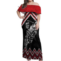 New Zealand Christmas Taniko Poutama Off Shoulder Maxi Dress Mountainscape Maori Fern LT7 Women Black - Polynesian Pride
