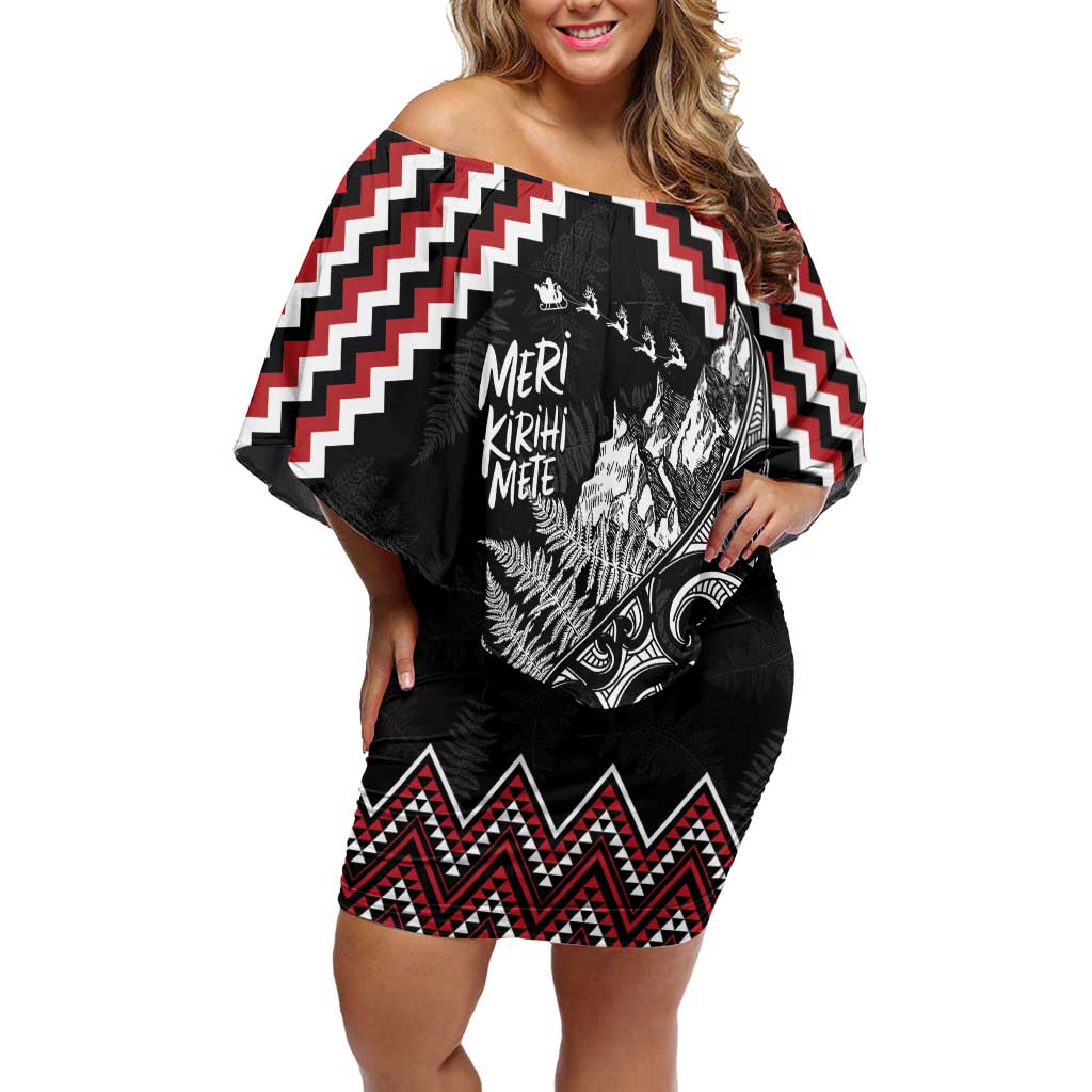 New Zealand Christmas Taniko Poutama Off Shoulder Short Dress Mountainscape Maori Fern LT7 Women Black - Polynesian Pride