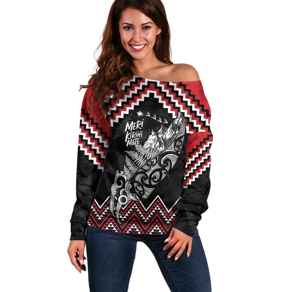 New Zealand Christmas Taniko Poutama Off Shoulder Sweater Mountainscape Maori Fern LT7 Women Black - Polynesian Pride