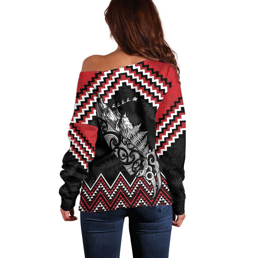 New Zealand Christmas Taniko Poutama Off Shoulder Sweater Mountainscape Maori Fern LT7 - Polynesian Pride