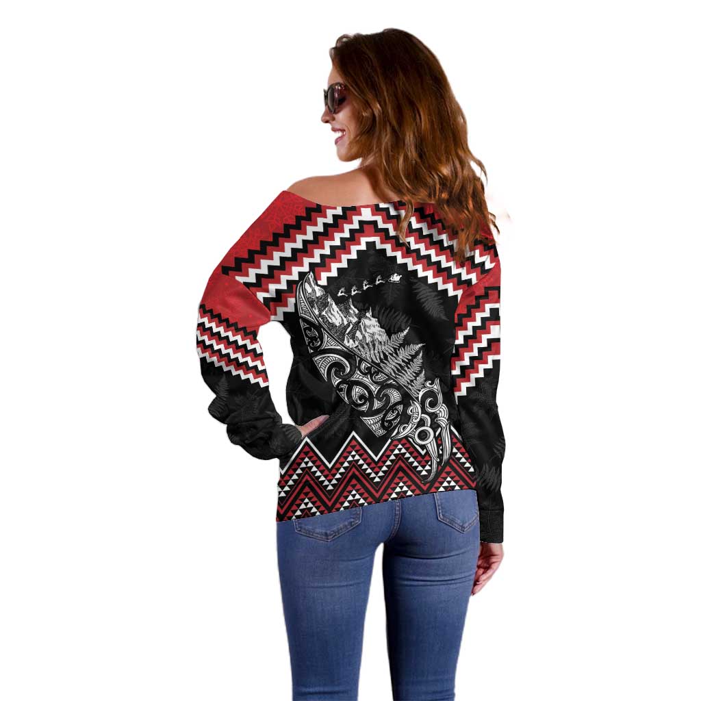 New Zealand Christmas Taniko Poutama Off Shoulder Sweater Mountainscape Maori Fern LT7 - Polynesian Pride