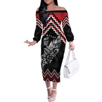 New Zealand Christmas Taniko Poutama Off The Shoulder Long Sleeve Dress Mountainscape Maori Fern LT7 Women Black - Polynesian Pride
