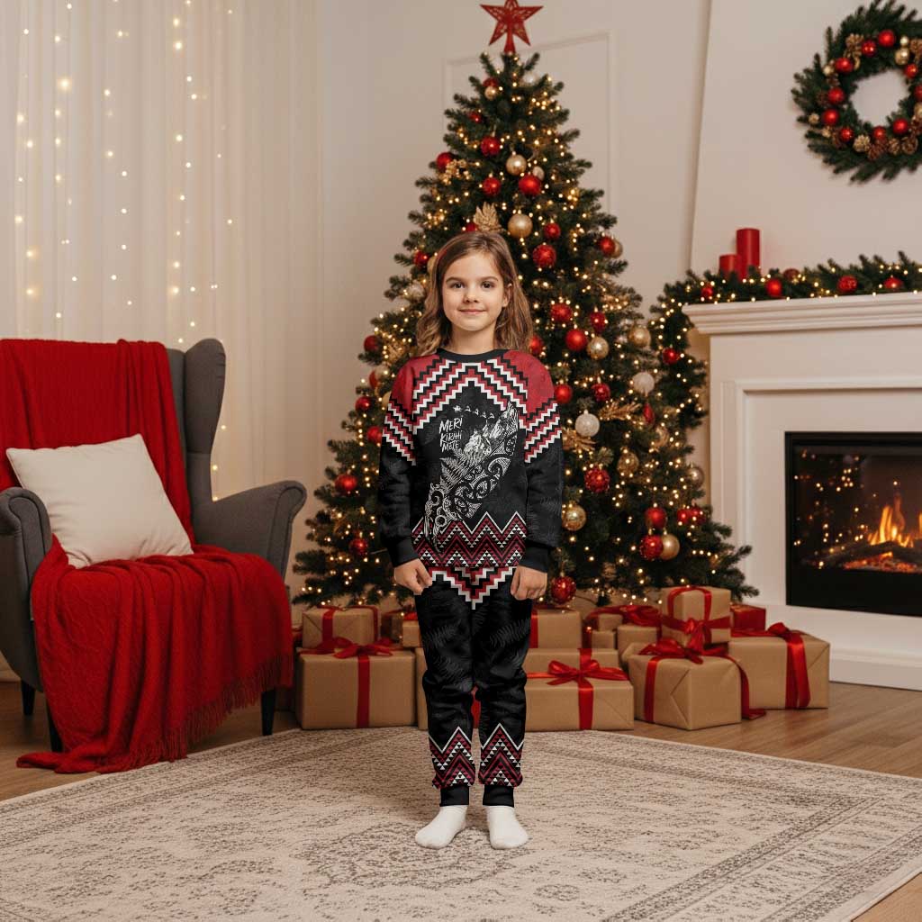 New Zealand Christmas Taniko Poutama Christmas Pajama Set Mountainscape Maori Fern LT7 Kid Black - Polynesian Pride