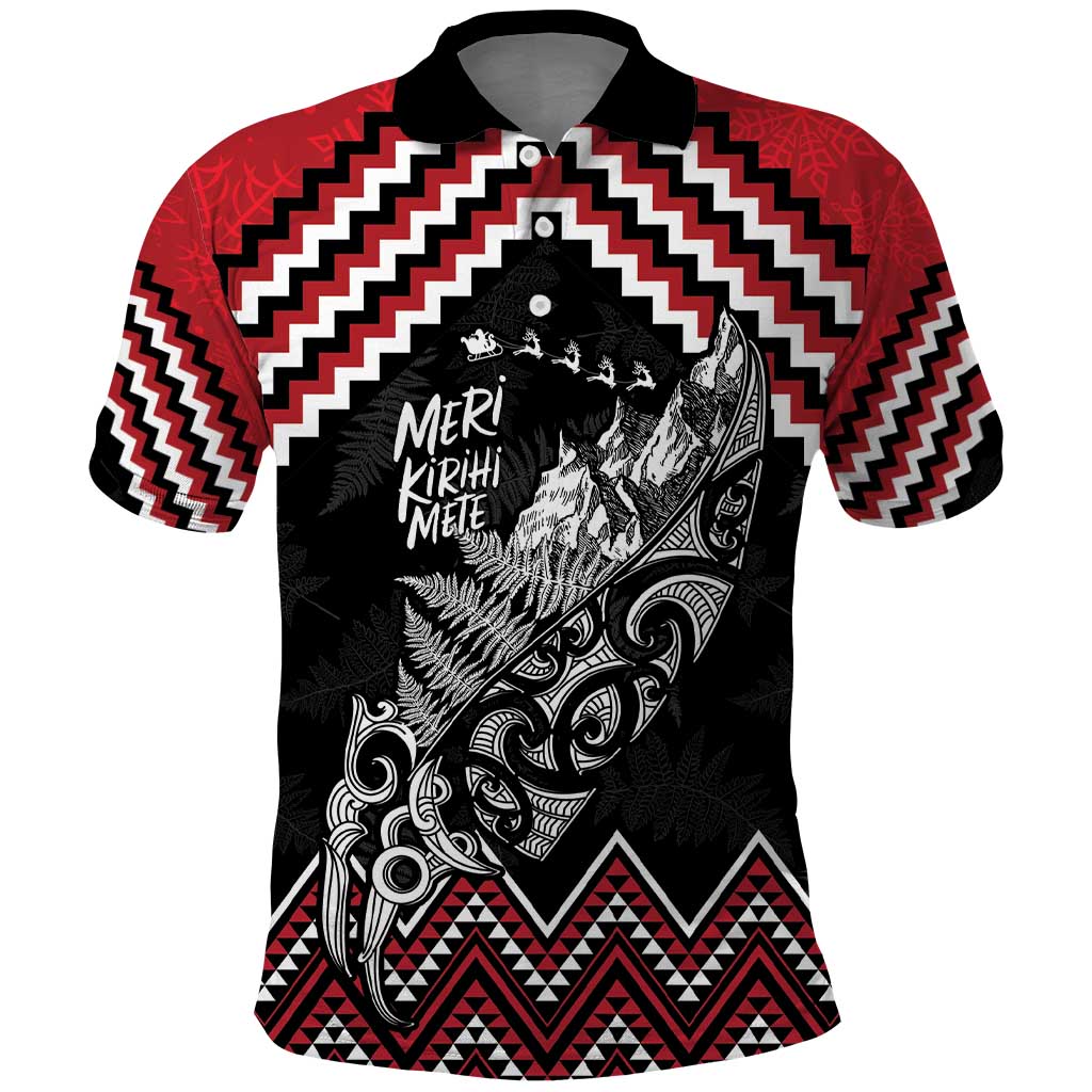 New Zealand Christmas Taniko Poutama Polo Shirt Mountainscape Maori Fern LT7 Black - Polynesian Pride