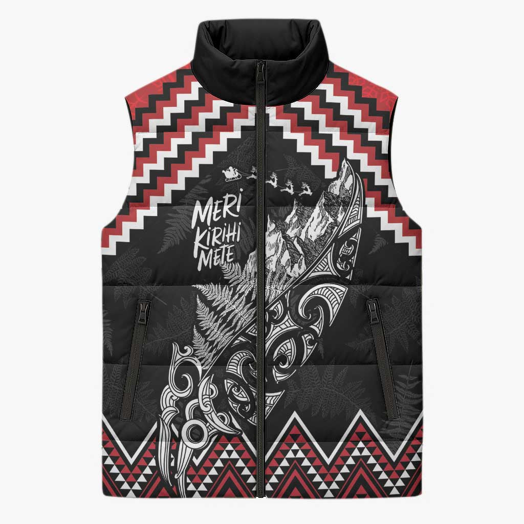 New Zealand Christmas Taniko Poutama Sleeveless Puffer Jacket Mountainscape Maori Fern LT7 Unisex Black - Polynesian Pride