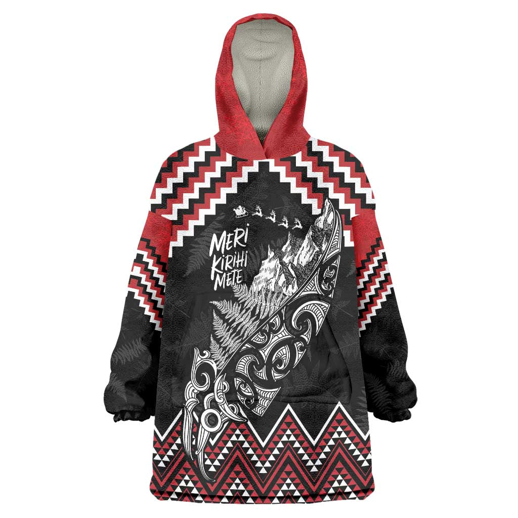 New Zealand Christmas Taniko Poutama Wearable Blanket Hoodie Mountainscape Maori Fern LT7 One Size Black - Polynesian Pride