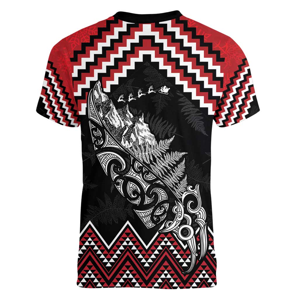 New Zealand Christmas Taniko Poutama Women V-Neck T-Shirt Mountainscape Maori Fern LT7 - Polynesian Pride
