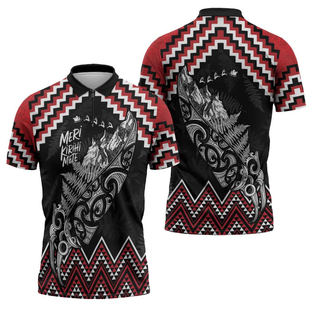 New Zealand Christmas Taniko Poutama Zipper Polo Shirt Mountainscape Maori Fern LT7 - Polynesian Pride
