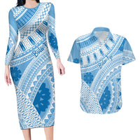 Bula Fiji Classic Masi Tapa Couples Matching Long Sleeve Bodycon Dress and Hawaiian Shirt Turquoise LT7 Turquoise - Polynesian Pride