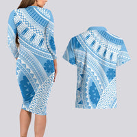 Bula Fiji Classic Masi Tapa Couples Matching Long Sleeve Bodycon Dress and Hawaiian Shirt Turquoise LT7 - Polynesian Pride