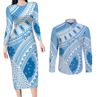Bula Fiji Classic Masi Tapa Couples Matching Long Sleeve Bodycon Dress and Long Sleeve Button Shirt Turquoise LT7 Turquoise - Polynesian Pride