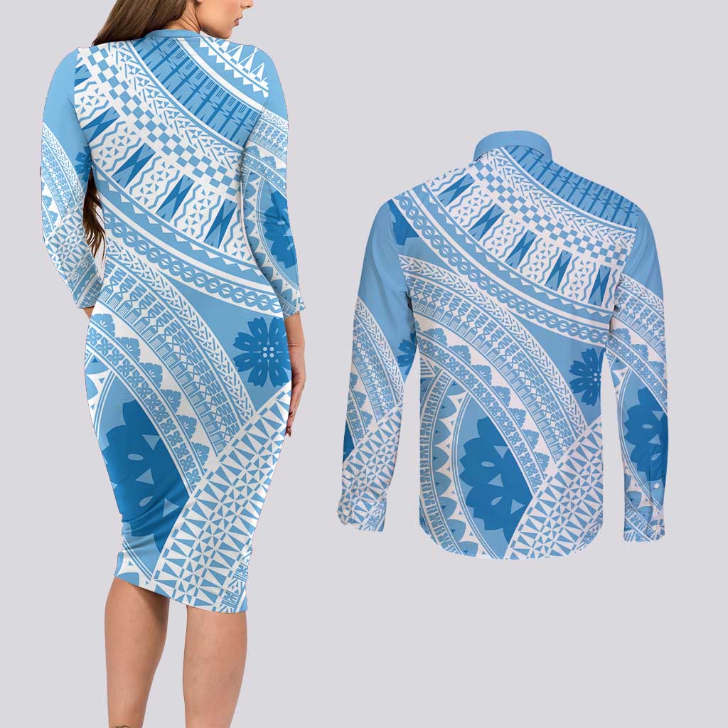 Bula Fiji Classic Masi Tapa Couples Matching Long Sleeve Bodycon Dress and Long Sleeve Button Shirt Turquoise LT7 - Polynesian Pride