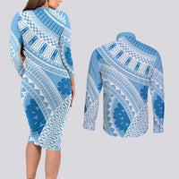 Bula Fiji Classic Masi Tapa Couples Matching Long Sleeve Bodycon Dress and Long Sleeve Button Shirt Turquoise LT7 - Polynesian Pride
