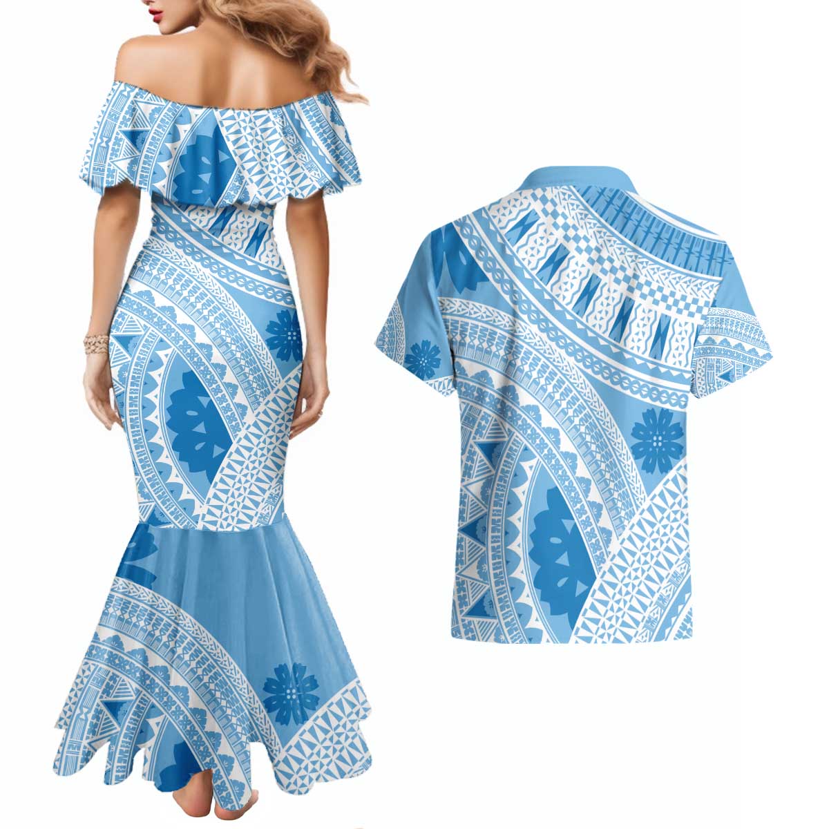 Bula Fiji Classic Masi Tapa Couples Matching Mermaid Dress and Hawaiian Shirt Turquoise LT7 - Polynesian Pride