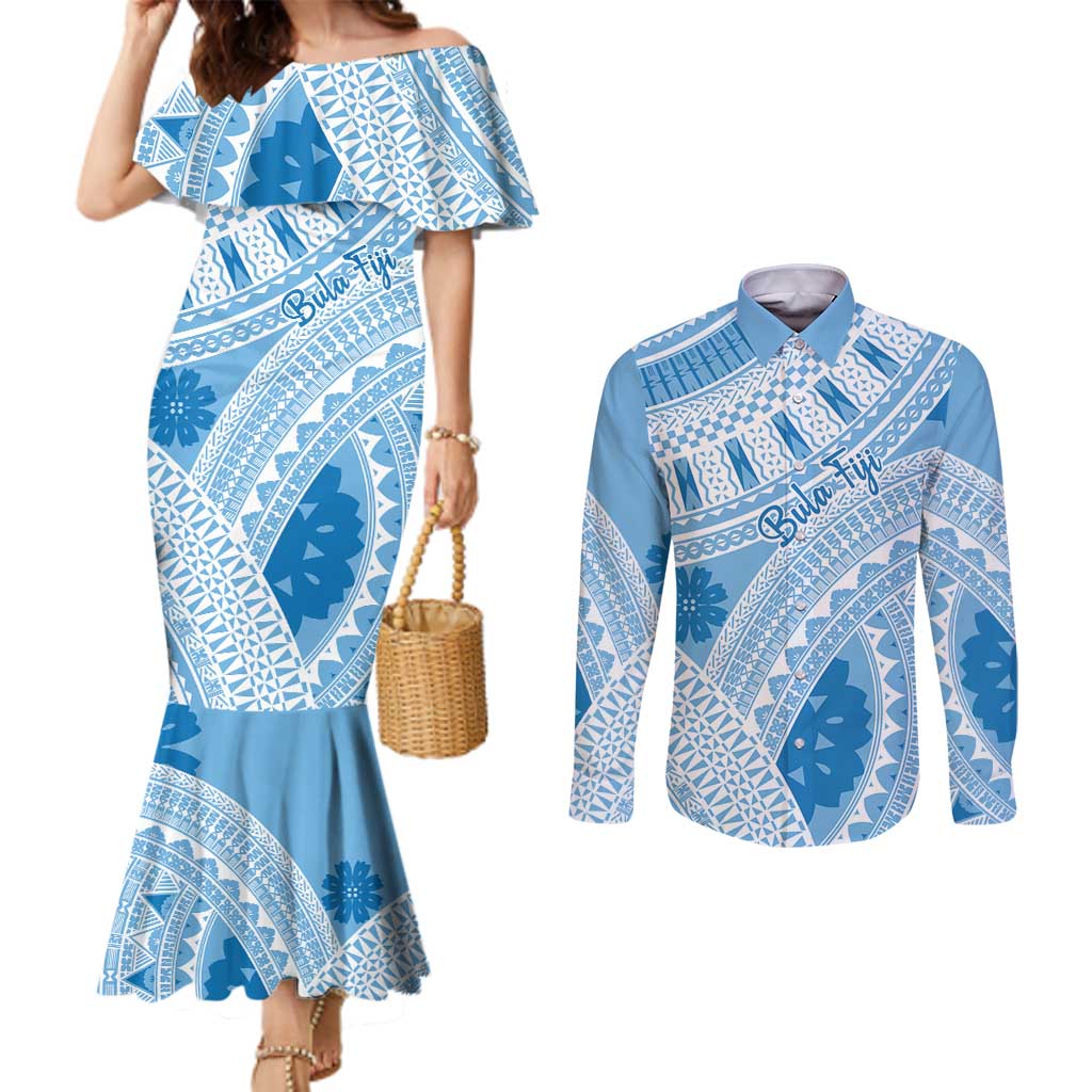 Bula Fiji Classic Masi Tapa Couples Matching Mermaid Dress and Long Sleeve Button Shirt Turquoise LT7 Turquoise - Polynesian Pride